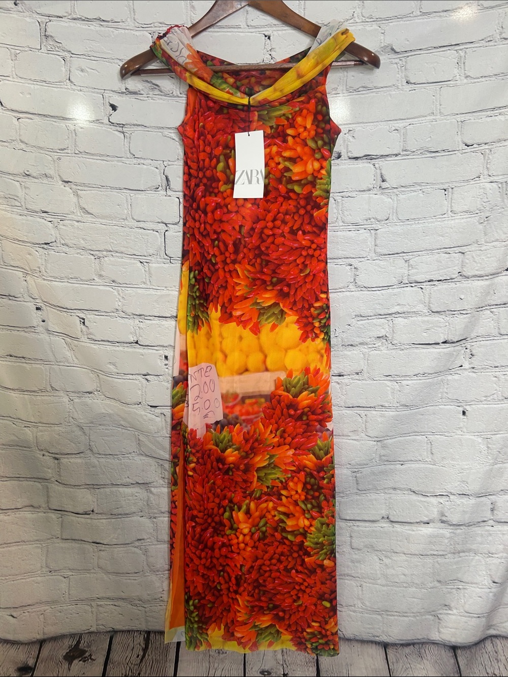 Zara Bold Red Yellow Bodycon Vegetable Off-Shoulder Midi Dress Size Small